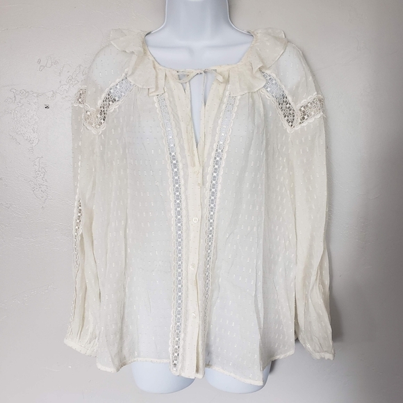 Sandro Women's 2 Ivory Long Sleeve Button Up Blouse Metallic Gold Silk Blend Top - Picture 1 of 11
